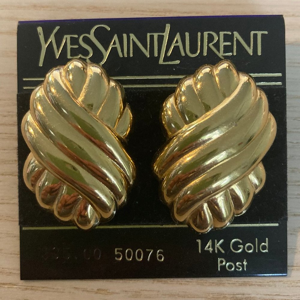 Vintage YSL Yves Saint Laurent 14kt Gold Post Pierced Earrings on Original Card